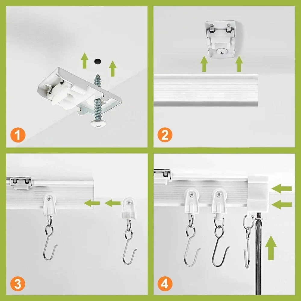 4 Curtain Pannels with 8ft Flexible Curtain Track Set Bendable Rod Neutral Cream